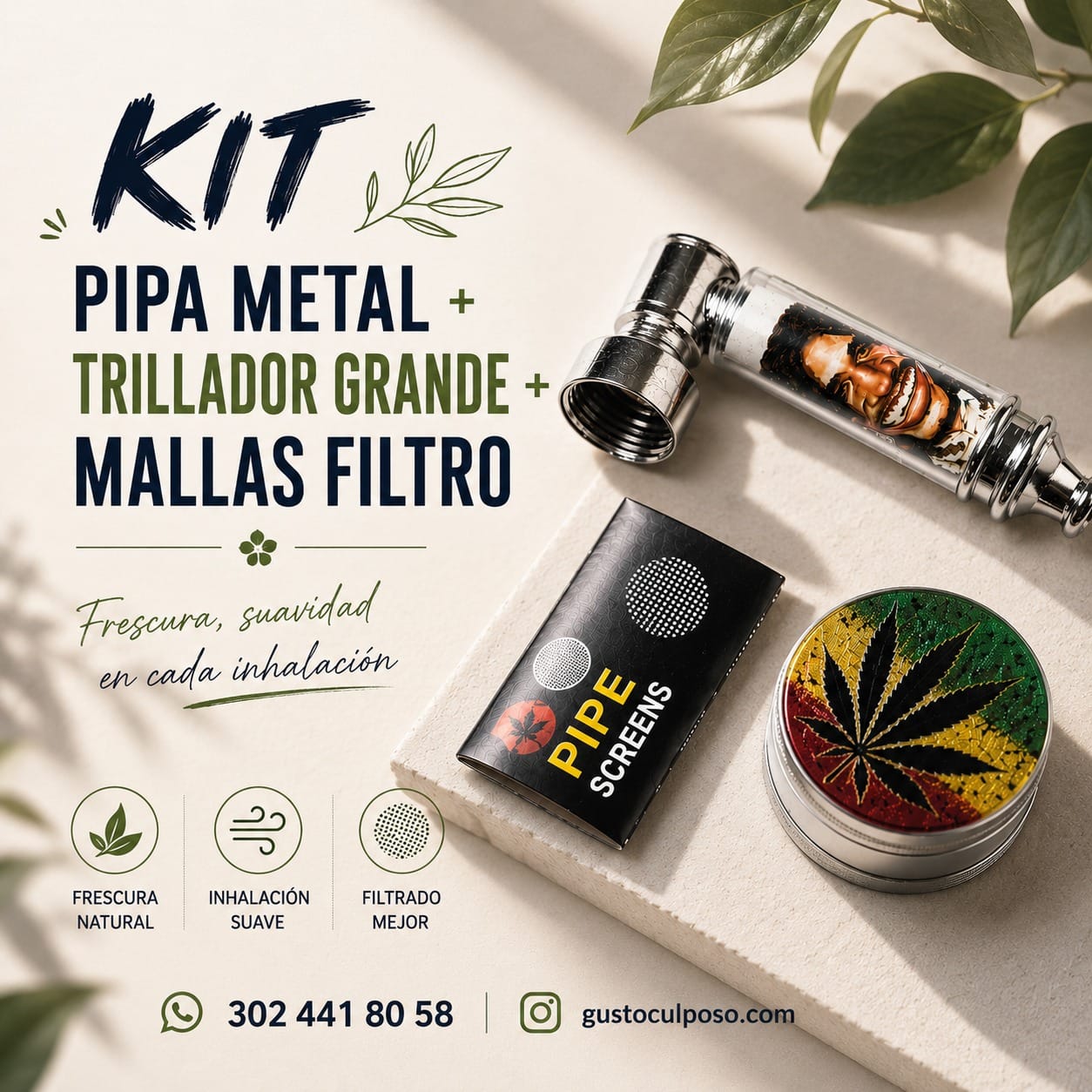 4b1fe204-1c85-40c0-87c0-95a49a8b4cf7 Kit Pipa Metal + Trillador Grande + Mallas Filtro - Imagen de 1