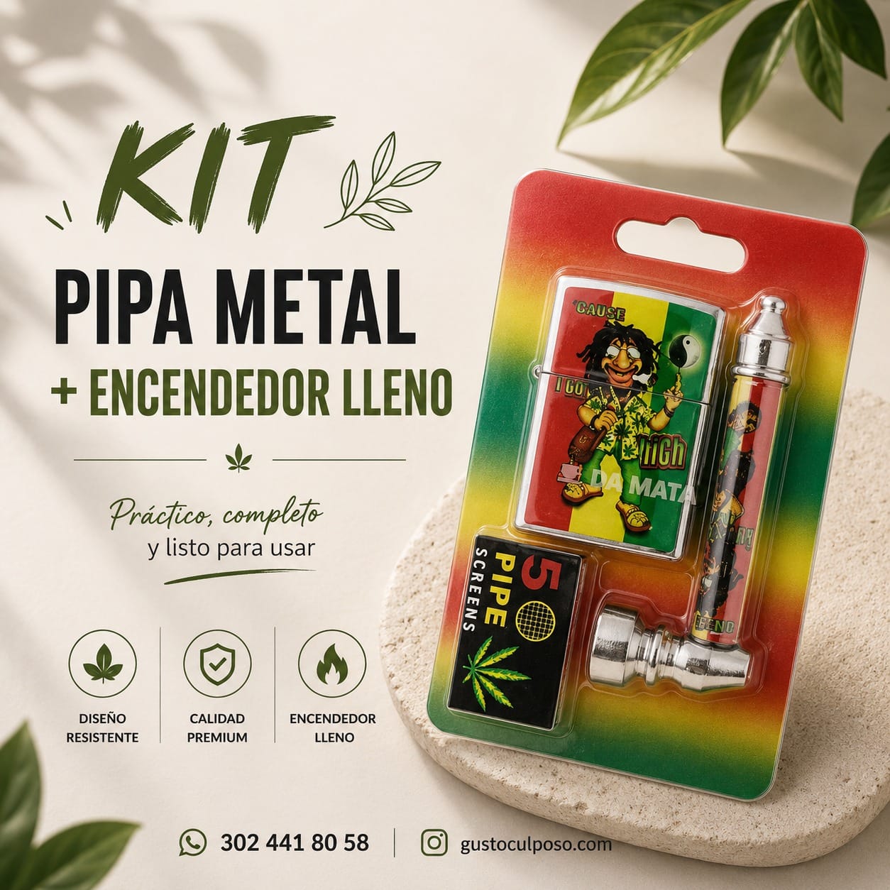 63cc570e-b354-4301-a2bc-c38c5b602a3c Kit Pipa Metal + Encendedor Lleno - Imagen de 1