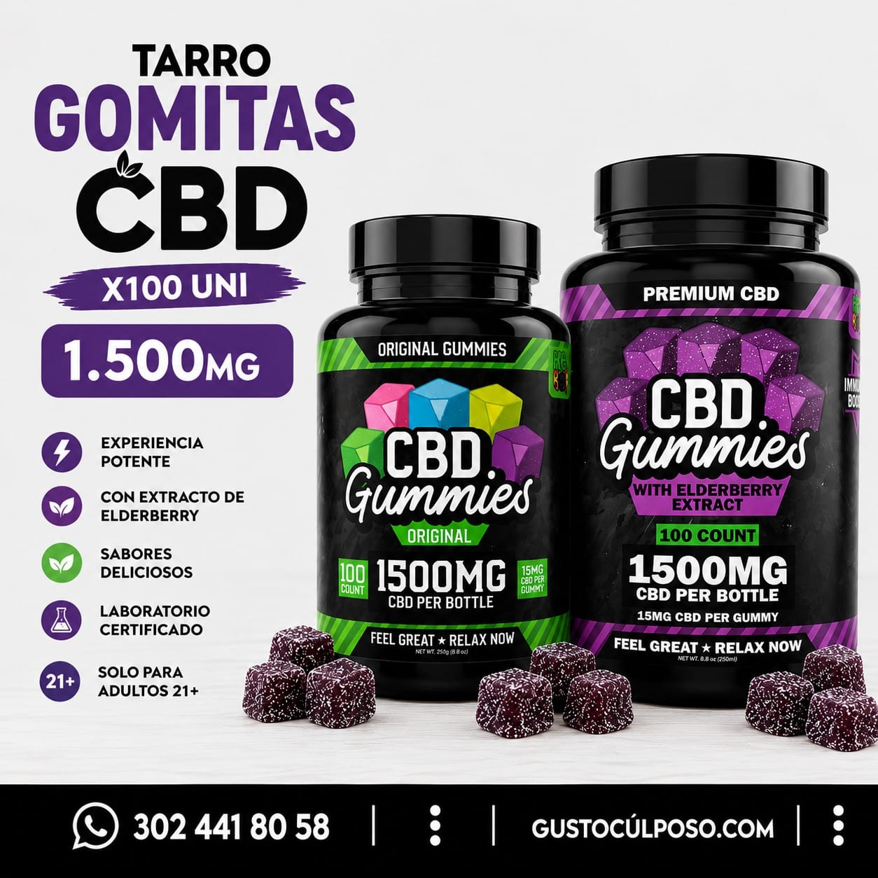 da213c63-0387-44ba-95e3-6668354dba2a Tarro Gomitas CBD x100 uni 1.500mg - Imagen de 1
