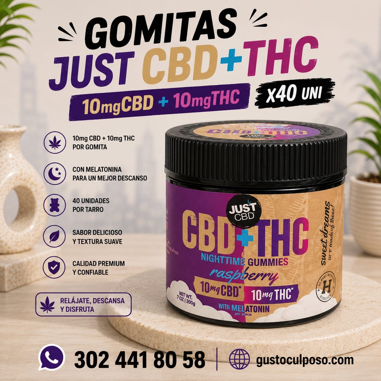 1746a06f-acd3-4ba6-9b8d-27aebccefd9d Tarro Gomitas Just 10mgCBD + 10mgTHC X40 Uni - Imagen de 1